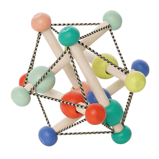 Manhattan Toy Skwish Colorpop rammelaar - driedimensionaal kubusvormig speelgoed met houten stokken, gekleurde balletjes en zwart-wit koord, frontaala