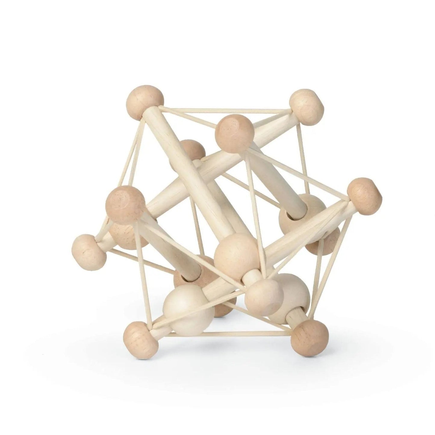 Manhattan Toy Skwish Natural rammelaar: houten constructie met elastische snaren en houten ballen, frontaanzicht.