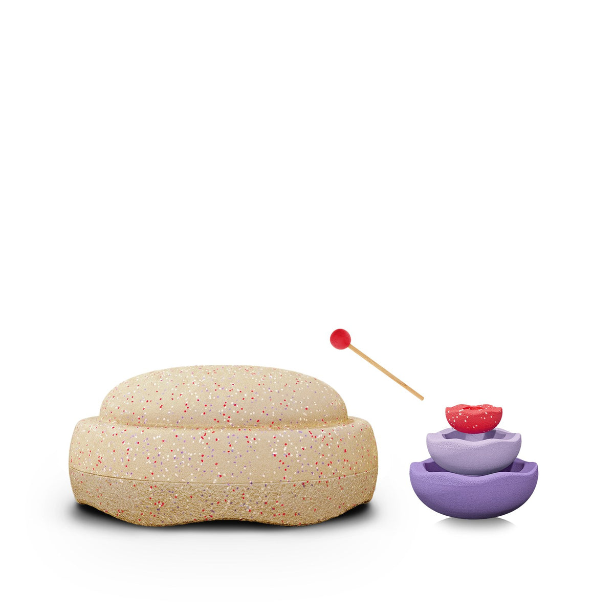 Stapelstein water play set met beige stapelsteen en paarse nesting bowls met rood accent, volledig overzicht.