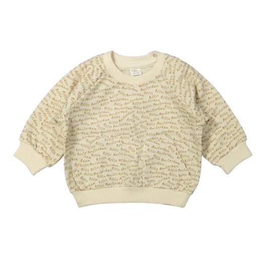 Riffle Amsterdam sweater beige met tekstpatroon, volledige voorkant tegen witte achtergrond