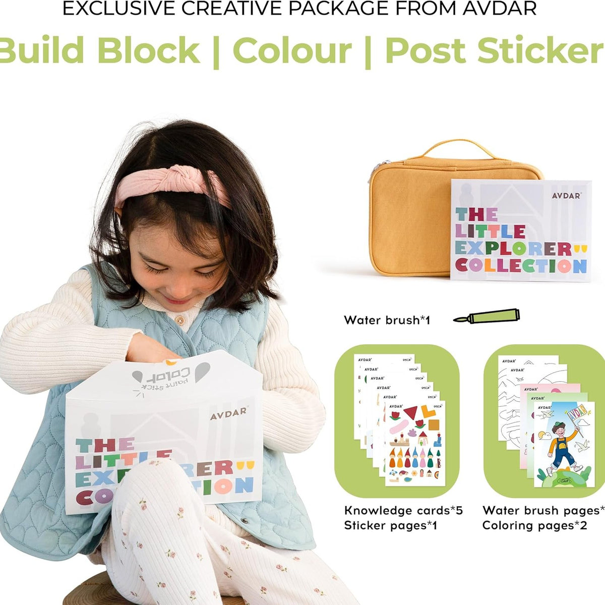 Avdar The Little Explorer Collection: meisje speelt met houten blokken en gekleurde stickers uit exclusief creatief pakket