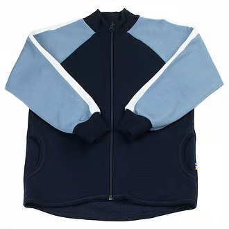 Merinowol vest in donkerblauw met lichtblauwe en witte kleurblokken, volledige voorzijde weergegeven