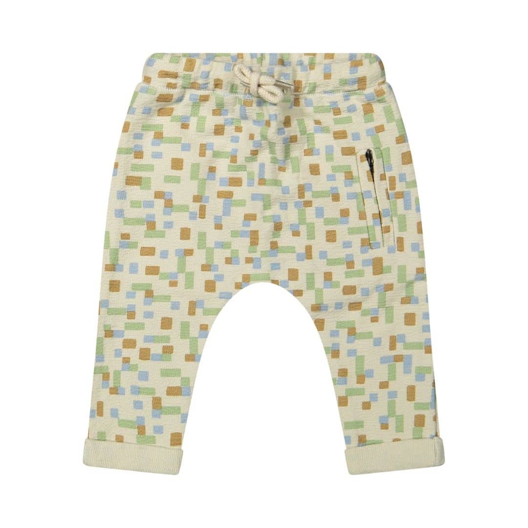 Riffle Amsterdam broek met blauw-groen geblokt patroon, uitgelegd van voor met elastische tailleband