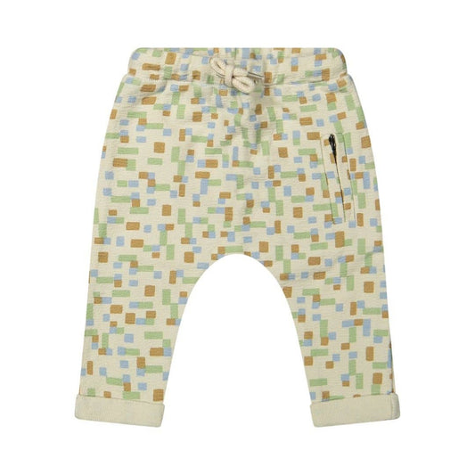 Riffle Amsterdam broek met blauw-groen geblokt patroon, uitgelegd van voor met elastische tailleband