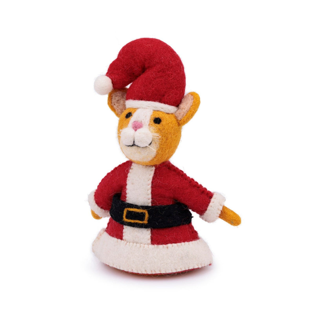 Sjaal met Verhaal vilten kat kerstman decoratie - frontaal zicht op rood-witte outfit met muts