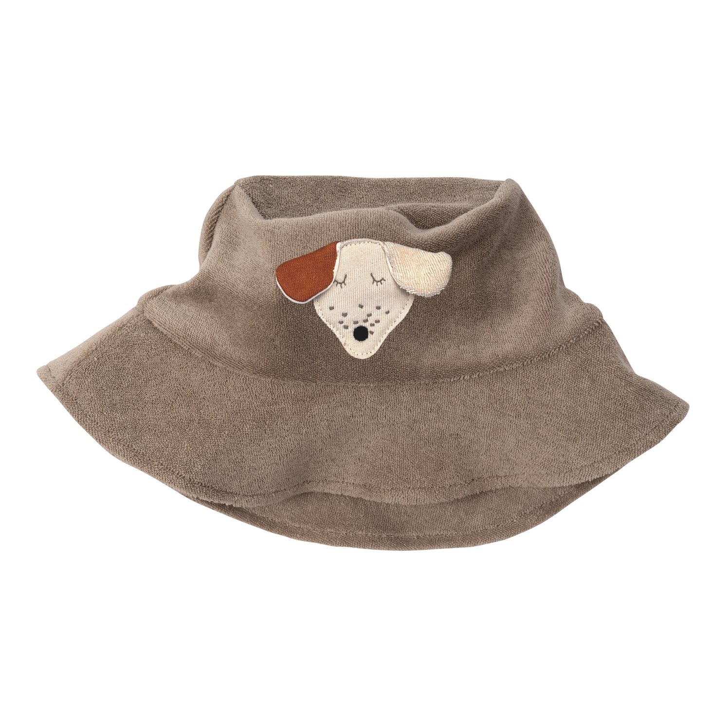 Wooly Organic vissershoedje in grijs katoen met appliqué hondje gezichtje, bovenaanzicht