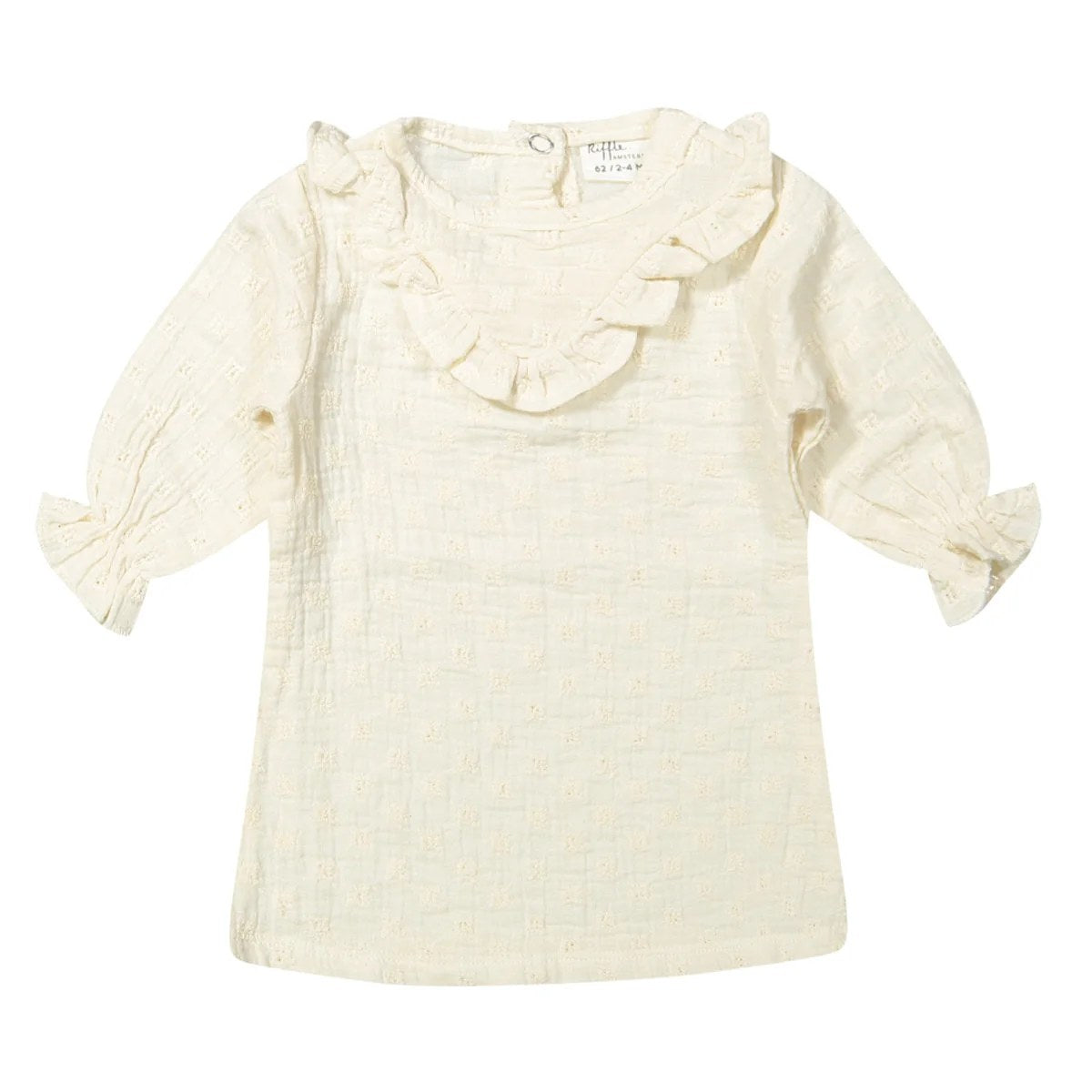 Rits babyjurkje met korte pofmouwen en ruffles rond de hals, vanaf voorkant gefotografeerd