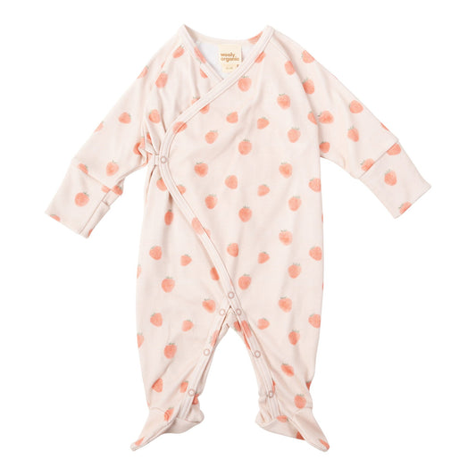 Wooly Organic Overslag Jumpsuit met voetjes - Biologisch Katoen - Strawberry Spark