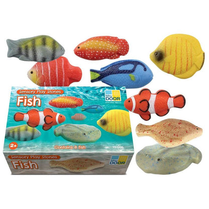 Yellow Door Sensory Play Stones Fish set met 8 tactiele vissen- en zee-steentjes in verschillende kleuren en vormen, uitgezocht naast originele verpak