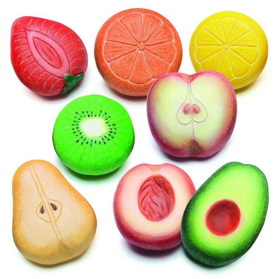 Yellow Door sensorische speelstenen fruit set met 8 stuks in cirkelformatie: rode aardbei, oranje sinaasappel, gele citroen, groene kiwi, paarse appel