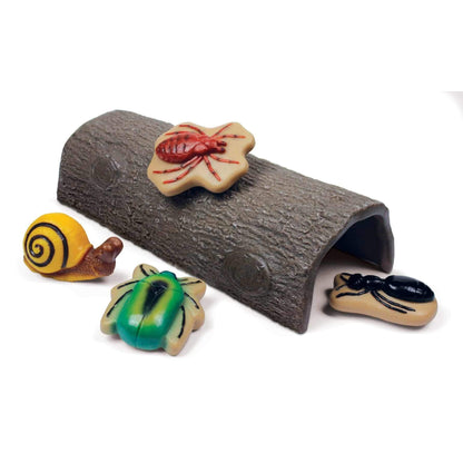 Yellow Door sensorische speelstenen insecten set met houten opberglog en vier dieren zichtbaar: rode lieveheersbeestje, gele slak, groene kever en zwa