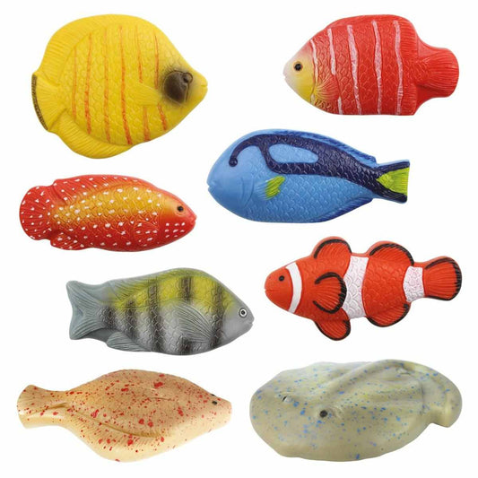Yellow Door sensory play stones vissen - set van 8 gekleurde tactiele vissteentjes in verschillende vormen en kleuren tegen witte achtergrond